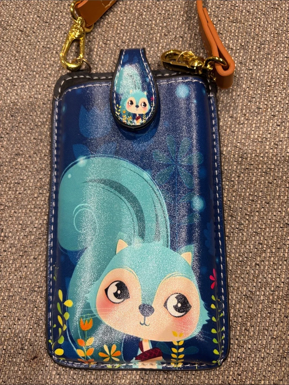 Panimal Blue Cartoon Squirrel Crossbody Phone Pouch with Brown Strap